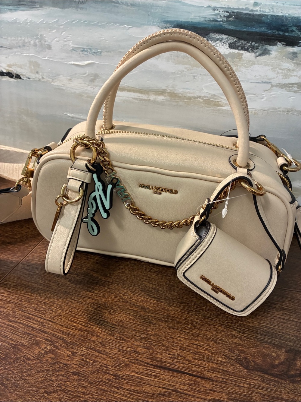 Karl Lagerfeld Cream Satchel with Gold Chain and Charm